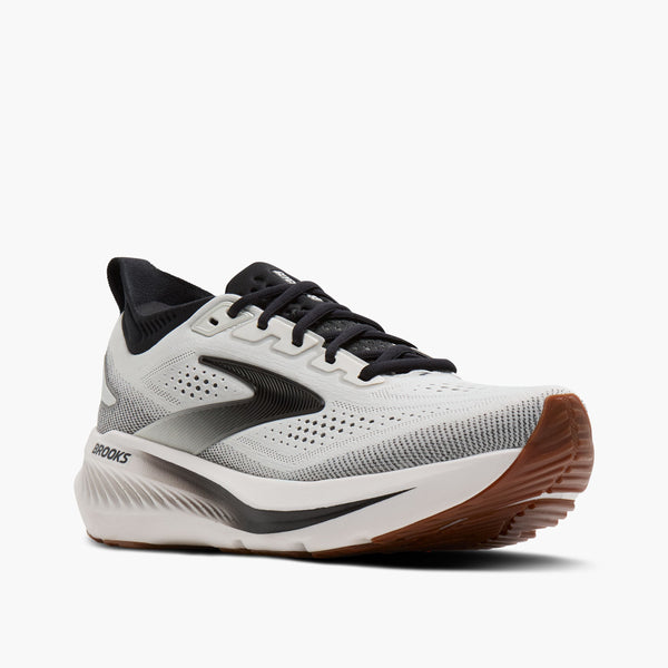 brooks men's glycerin 23 running shoe in white/black/gum detail close-up
