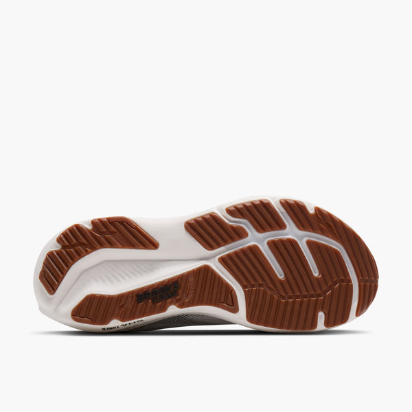 brooks men's glycerin 23 running shoe in white/black/gum outsole tread view