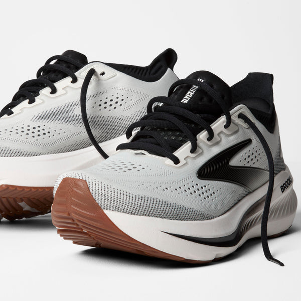 brooks men's glycerin 23 running shoe in white/black/gum pair view