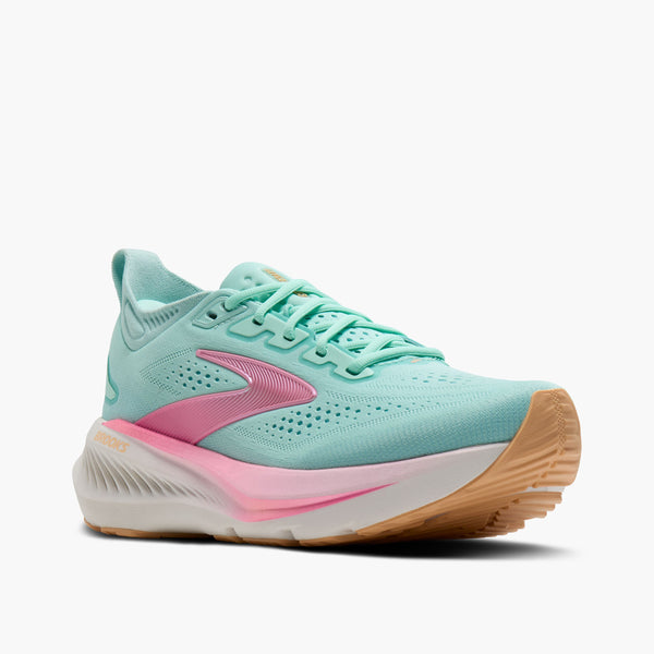 brooks women's glycerin 23 running shoe in aqua/pink/peach detail close-up