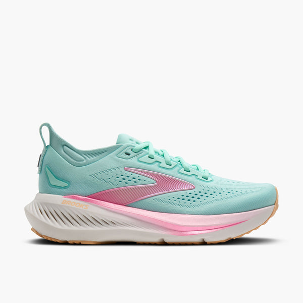 brooks women's glycerin 23 running shoe in aqua/pink/peach lateral side view