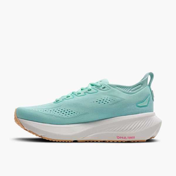 brooks women's glycerin 23 running shoe in aqua/pink/peach medial side view