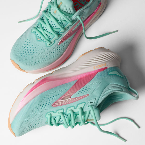 brooks women's glycerin 23 running shoe in aqua/pink/peach pair view
