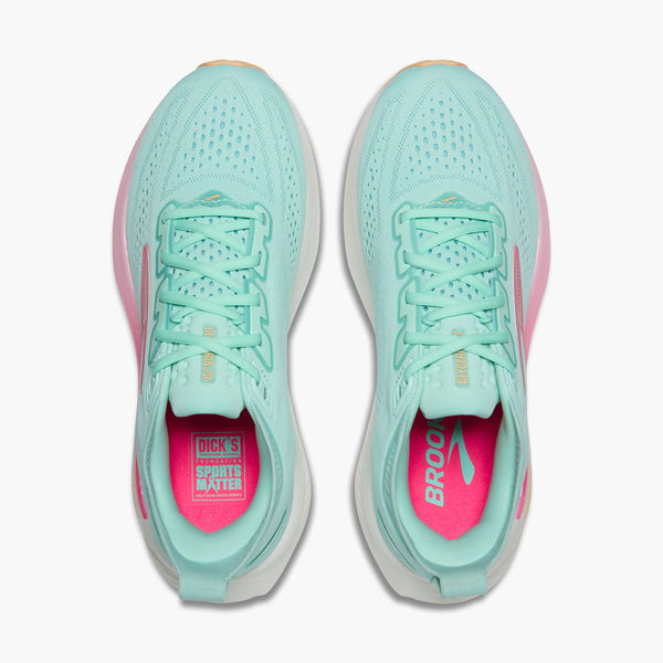 brooks women's glycerin 23 running shoe in aqua/pink/peach top-down view