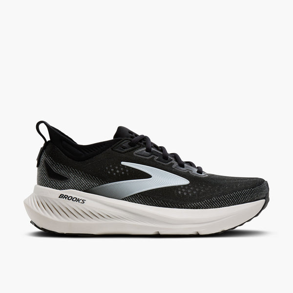 brooks women's glycerin 23 running shoe in black/grey/white lateral side view
