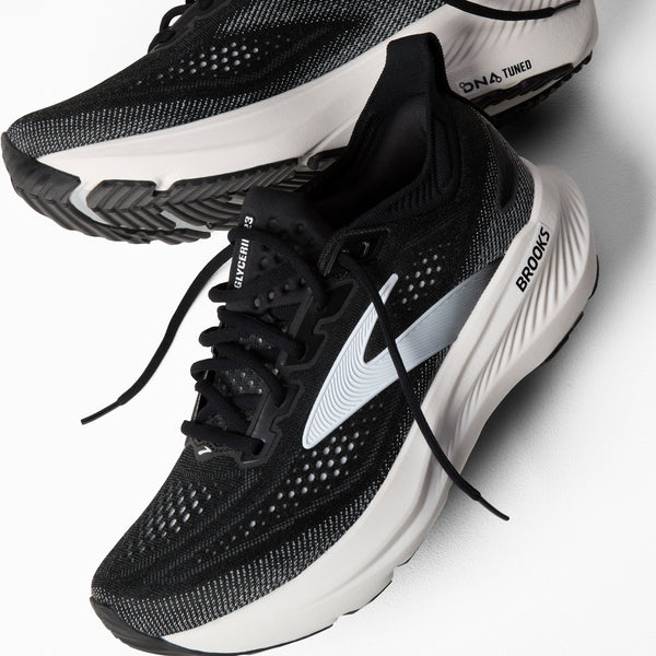 brooks women's glycerin 23 running shoe in black/grey/white pair view