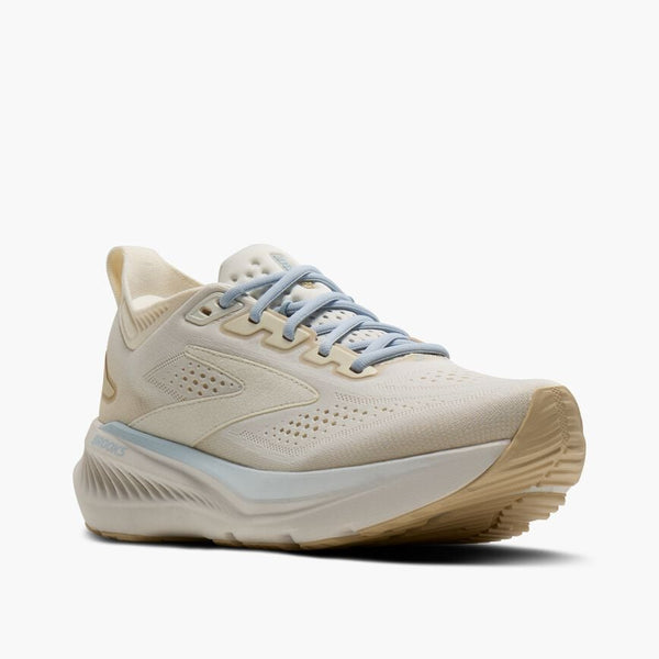 brooks women's glycerin 23 running shoe in coconut/sand/skyway medial side view