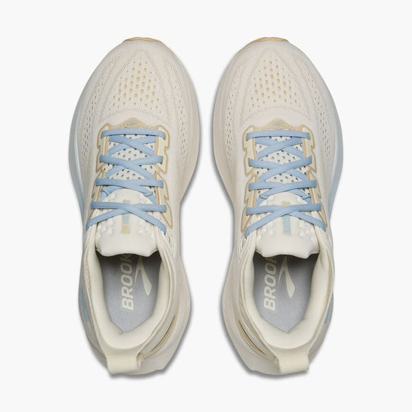 brooks women's glycerin 23 running shoe in coconut/sand/skyway top-down view