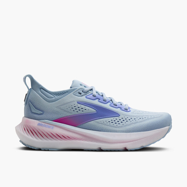 brooks women's glycerin 23 running shoe in skyway/blazing bell/pink lateral side view