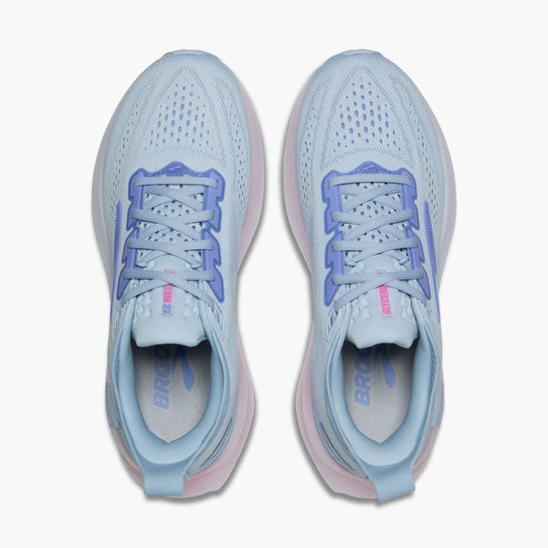 brooks women's glycerin 23 running shoe in skyway/blazing bell/pink top-down view