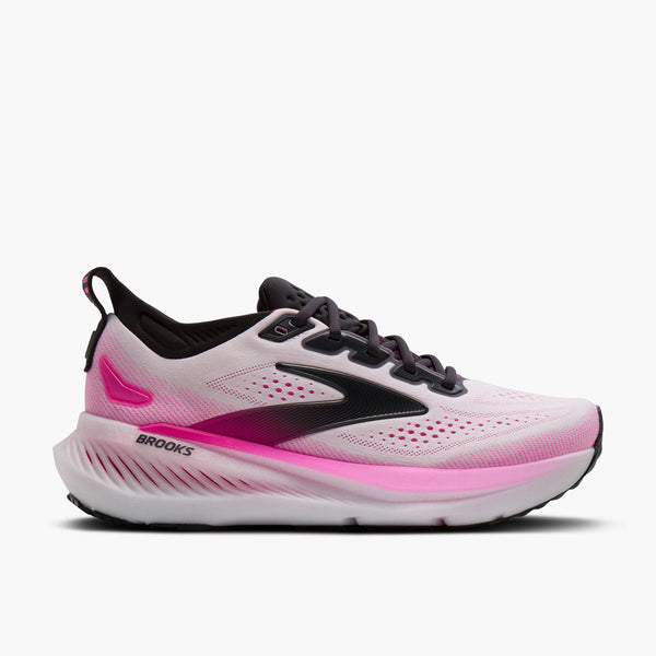 brooks women's glycerin 23 running shoe in white/phantom/cyber pink lateral side view
