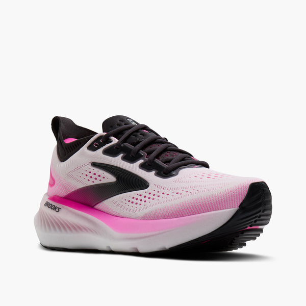 brooks women's glycerin 23 running shoe in white/phantom/cyber pink medial side view