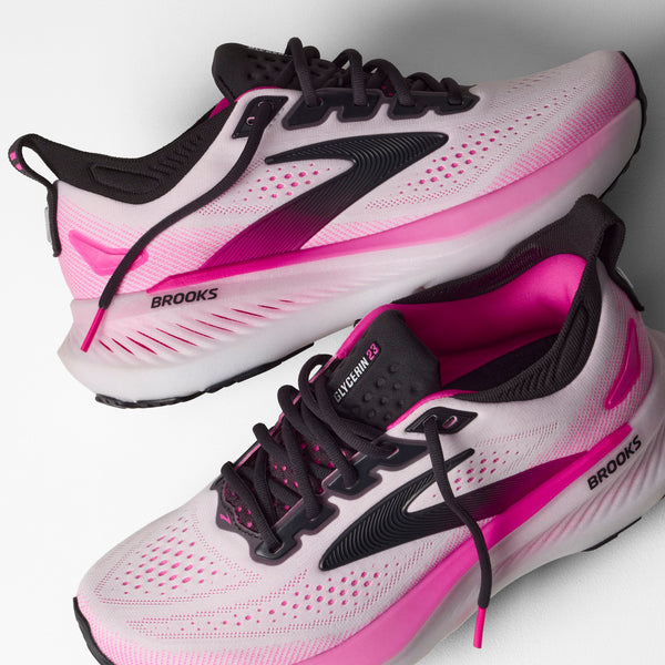 brooks women's glycerin 23 running shoe in white/phantom/cyber pink pair view