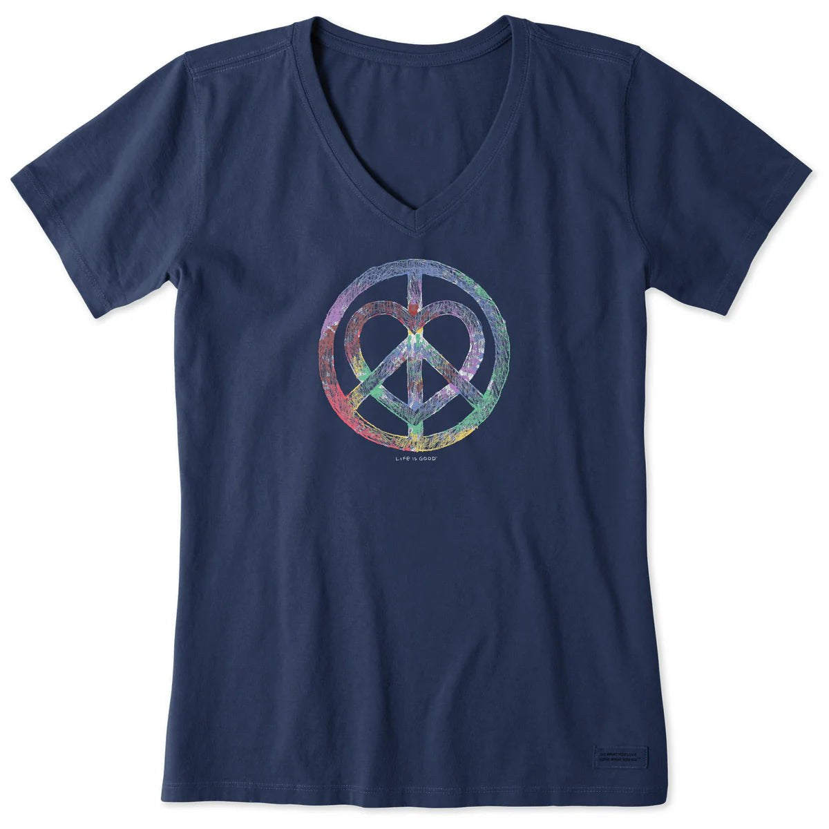 Life Is Good Tie-Dye Peace Love Pencil Crusher Vee – Women's