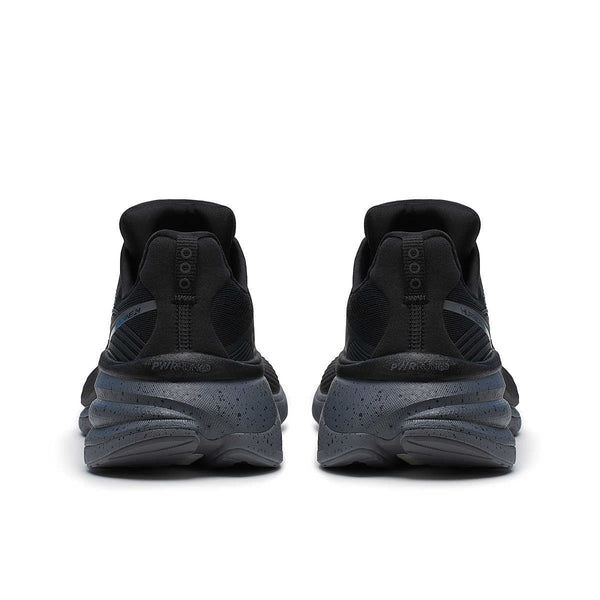 saucony mens hurricane 24 running shoe in black/shadow heel view
