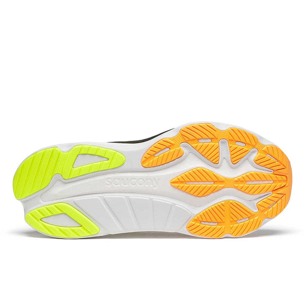 saucony mens hurricane 24 running shoe in black/vo2 outsole tread view