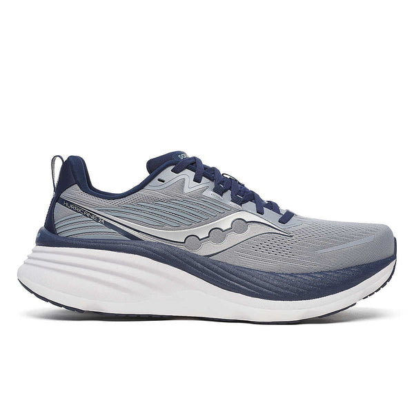 saucony mens hurricane 24 running shoe in flint/navy lateral side view