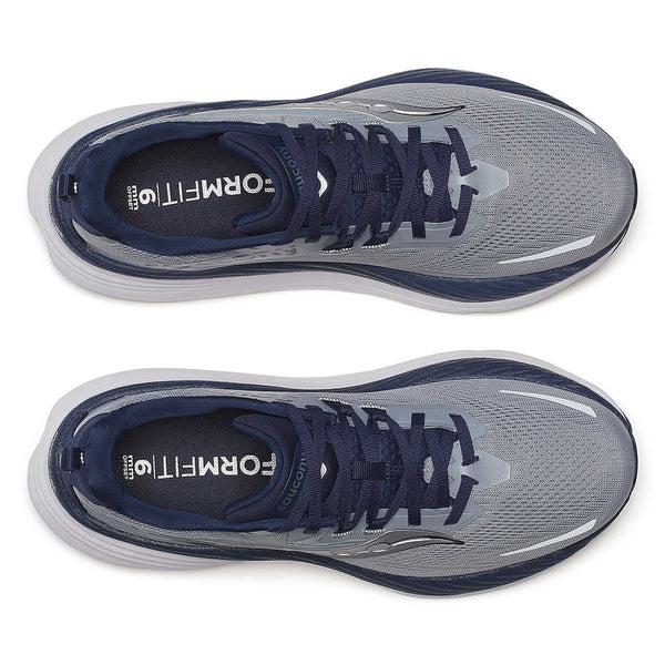 saucony mens hurricane 24 running shoe in flint/navy top-down view