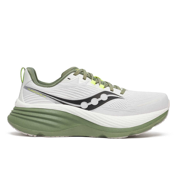 saucony mens hurricane 24 running shoe in white/olivine lateral side view