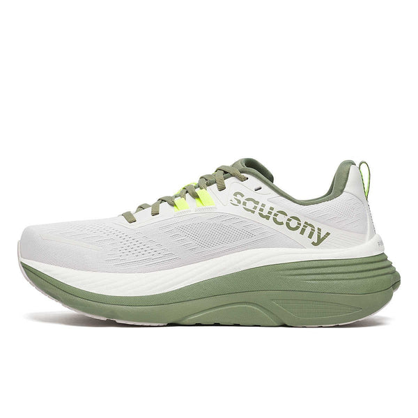 saucony mens hurricane 24 running shoe in white/olivine medial side view