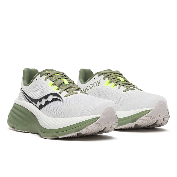 saucony mens hurricane 24 running shoe in white/olivine pair view