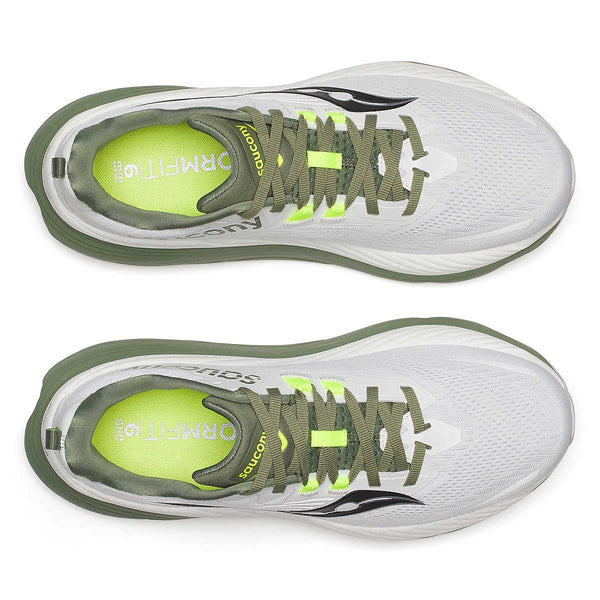 saucony mens hurricane 24 running shoe in white/olivine top-down view